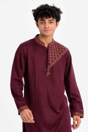 Maroon color Jacquard Semi Fitted Panjabi