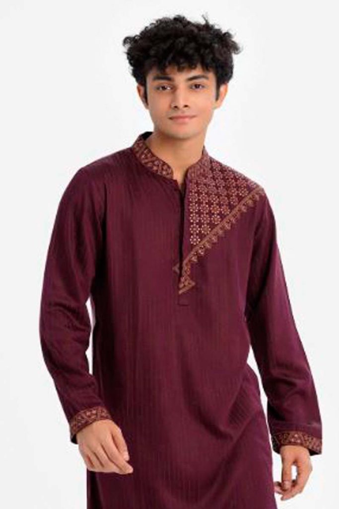 Maroon color Jacquard Semi Fitted Panjabi
